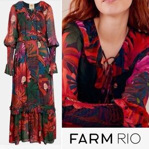 FARM Rio Bird Flowers Ruffle Tiered Sheer Long-Sleeve Maxi Dress M NWT